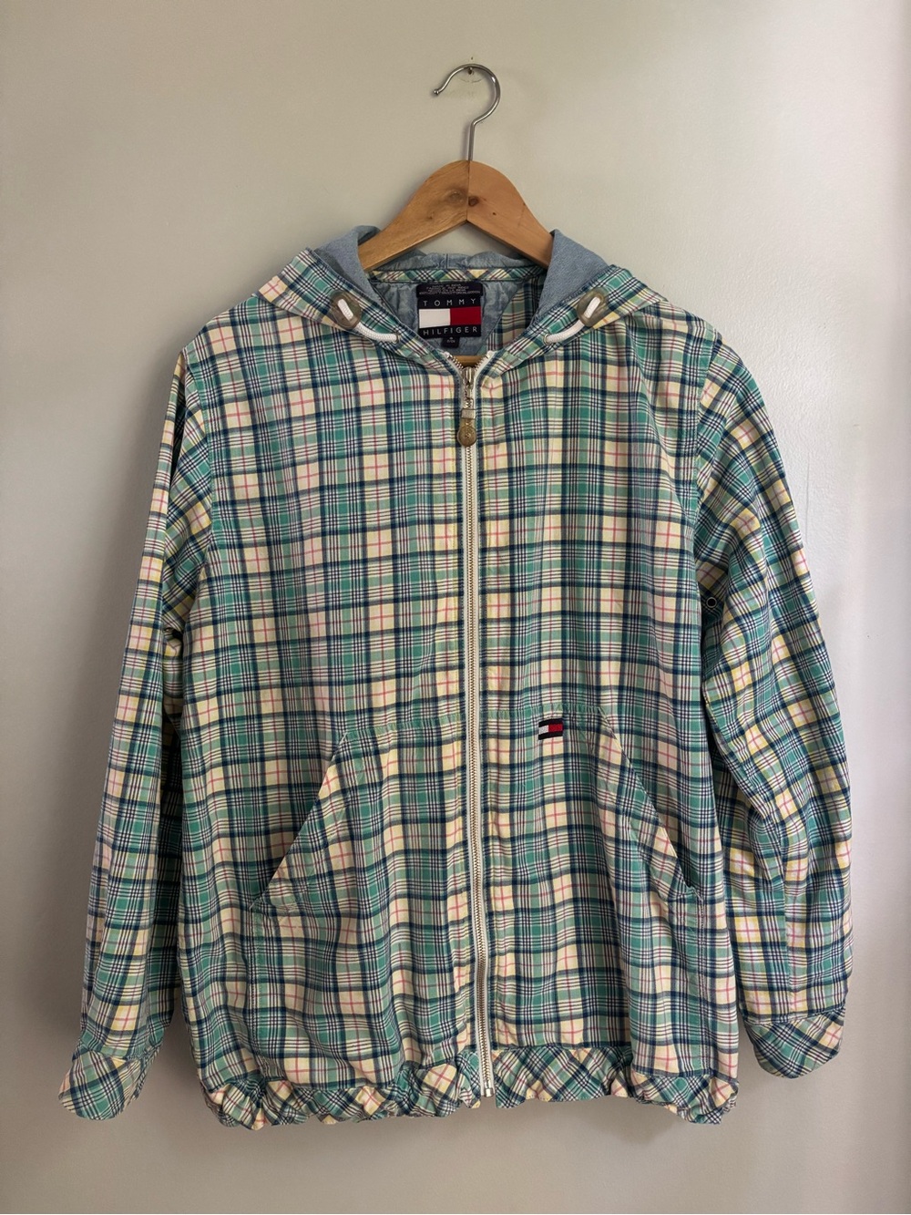 Vintage Tommy Hilfiger Plaid Hooded Zip Jacket in Green, Cream, Blue